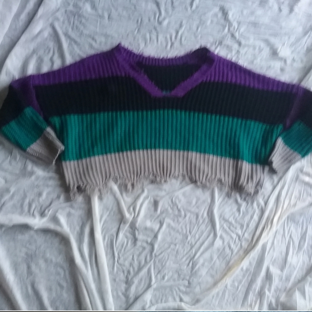 Striped Cropped Destroyed Hem Sweater